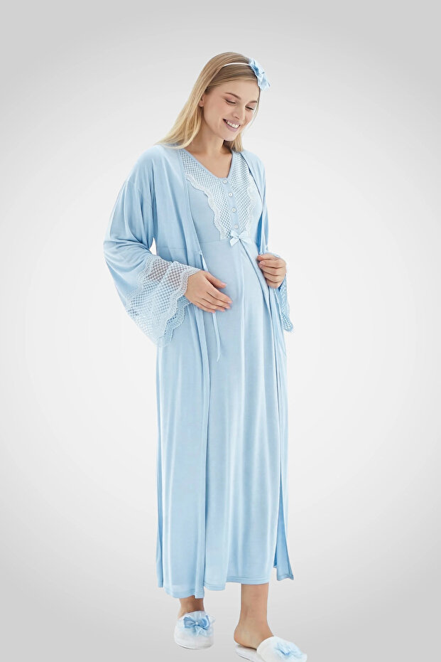 Maternity Nightgown and Robe Set/Cotton Postpartum Set/Short-Sleeved Nightgown/Lace, Piped Collar