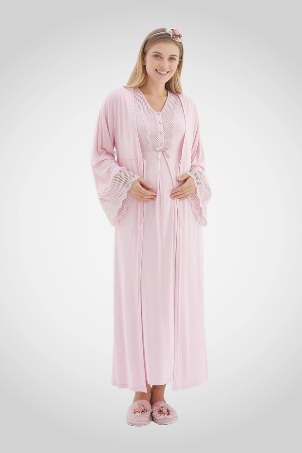 Maternity Nightgown and Robe Set/Cotton Postpartum Set/Short-Sleeved Nightgown/Lace, Piped Collar