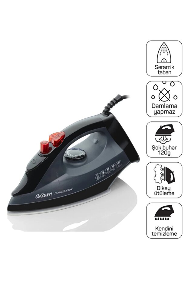 Arzum AR684 Olivya Buharlı Ütü 2400W, Seramik Taban, Dikey Buhar, Şok Buhar, Damlama Önleme, Siyah
