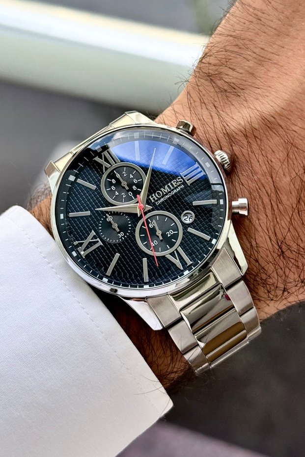 Chronograph Men's Wristwatch 3 Atm Water Resistant Silver Color Steel Band Gift Box.Elg01