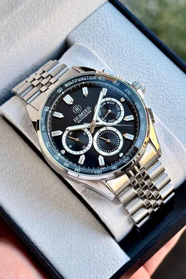 Men's Wristwatch 3 Atm Waterproof Silver- Dial Black Color Steel Band Gift Box Hme2042