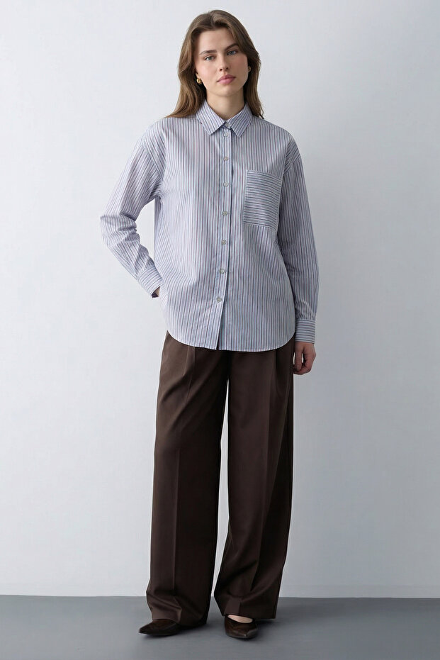 Pembe Çizgili Oversize/Geniş Kalıp Gömlek TWOSS26GO00147 - 2