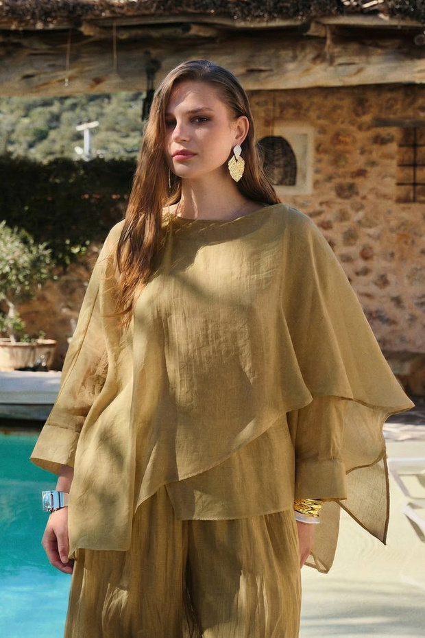 Yeşil Oversize İnce Dökümlü Dokuma Bluz TWOSS26BZ00653 - 7
