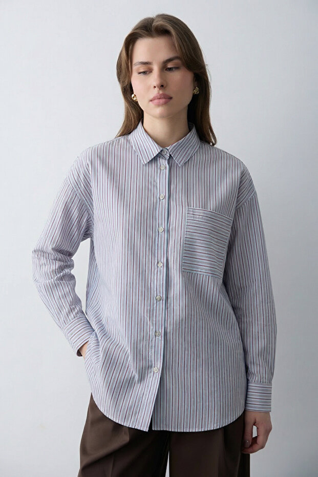 Pembe Çizgili Oversize/Geniş Kalıp Gömlek TWOSS26GO00147 - 4