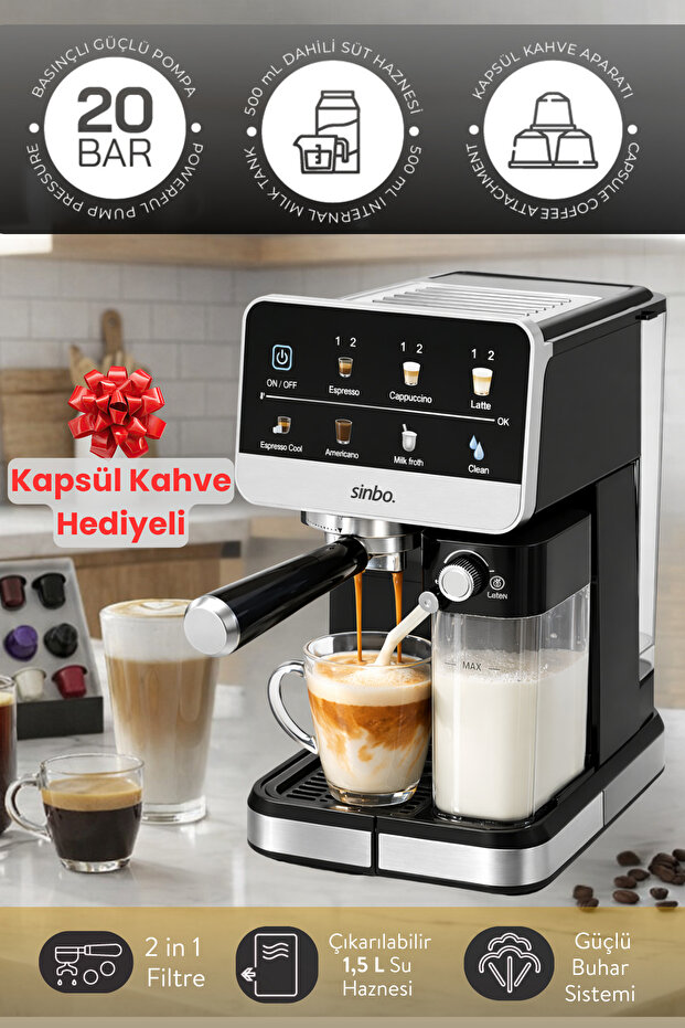 Sinbo Cappuccino Latte Espresso 20 Bar 1.5L Profesyonel Otomatik Espresso Makinesi SCM-2996Pro