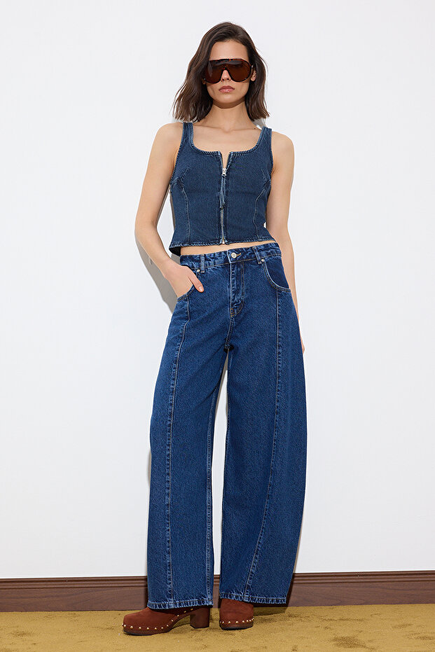 Limited Edition Mavi DÖKÜMLÜ Dikiş Detaylı Yüksek Bel Baggy Jeans TWOSS26JE00008 - 1