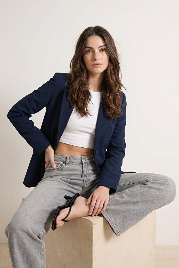 Lacivert Regular Astarlı Dokuma Blazer Ceket TWOSS20CE0126 - 2