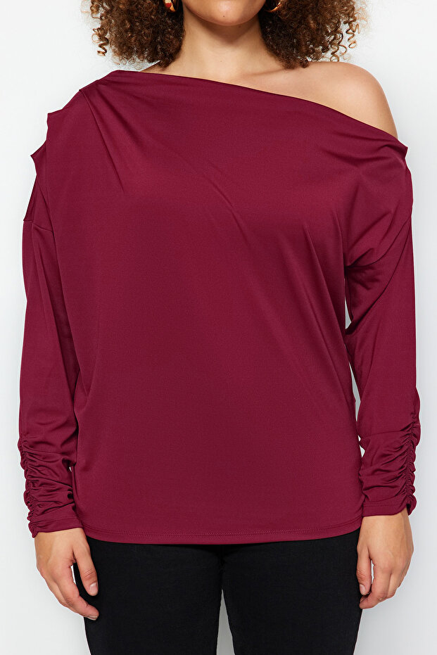 Bordo Scuba Omuz Detaylı Esnek Örme Bluz TBBAW23AF00010 - 3