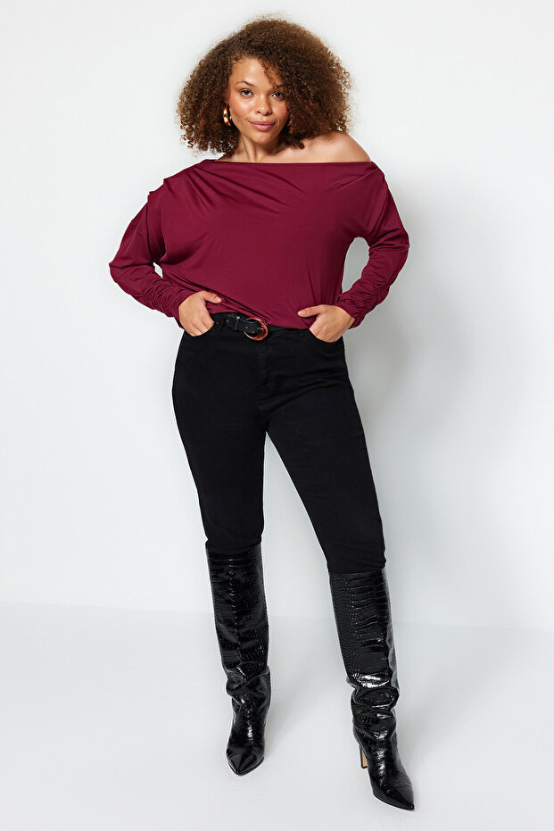 Bordo Scuba Omuz Detaylı Esnek Örme Bluz TBBAW23AF00010 - 2