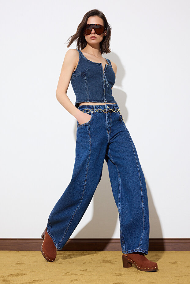 Limited Edition Mavi DÖKÜMLÜ Dikiş Detaylı Yüksek Bel Baggy Jeans TWOSS26JE00008 - 2