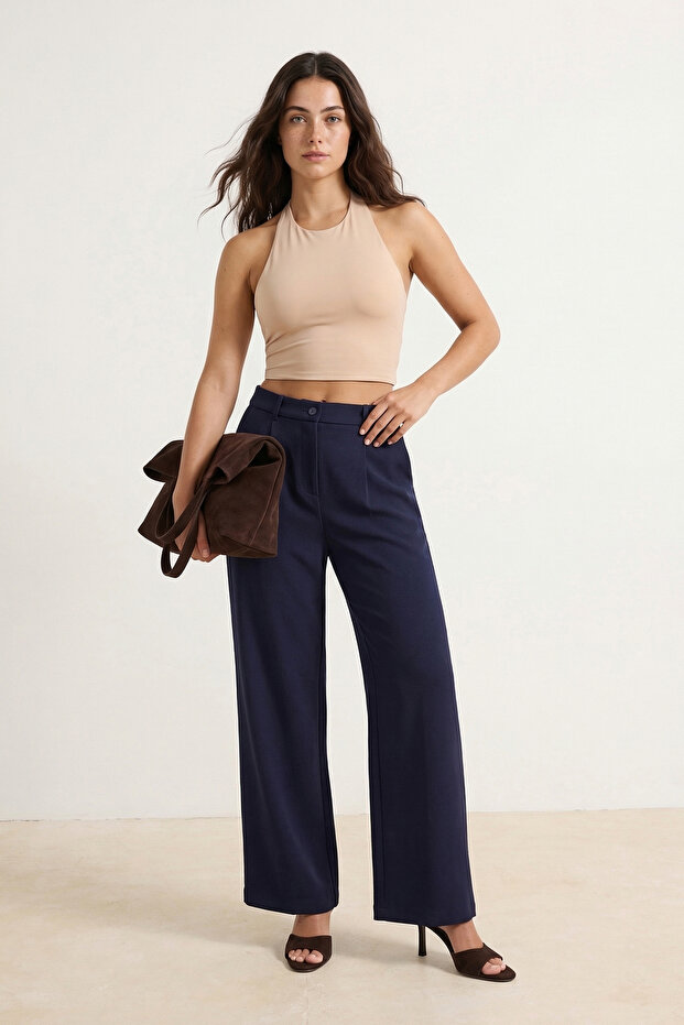 Koyu Lacivert Yüksek Bel Wide Leg/Geniş Paça Pilili Dokuma Kumaş Pantolon TWOAW21PL0076 - 1