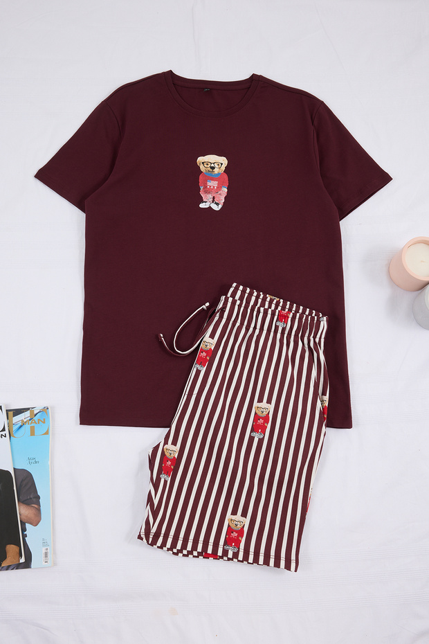 Unisex Bordo Regular Fit Ayıcık Baskılı Örme Şortlu Pijama Takımı TMNSS24PT00034 - 4