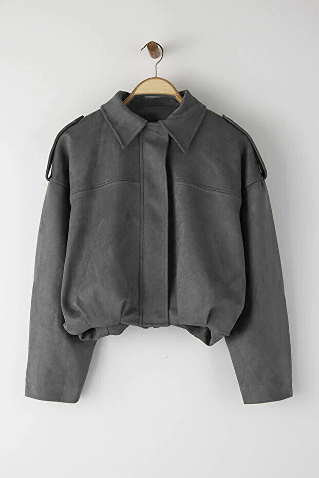 Antrasit Oversize Kalıp Süet Bomber İnce Ceket Mont TWOAW26MO00125 - 5