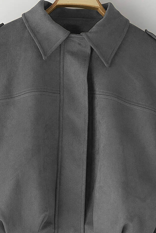 Antrasit Oversize Kalıp Süet Bomber İnce Ceket Mont TWOAW26MO00125 - 6