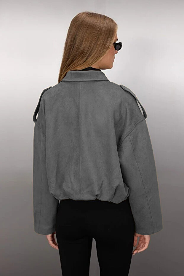 Antrasit Oversize Kalıp Süet Bomber İnce Ceket Mont TWOAW26MO00125 - 4