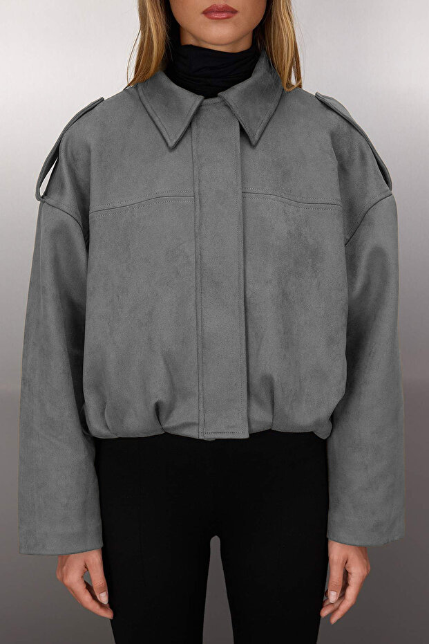 Antrasit Oversize Kalıp Süet Bomber İnce Ceket Mont TWOAW26MO00125 - 3