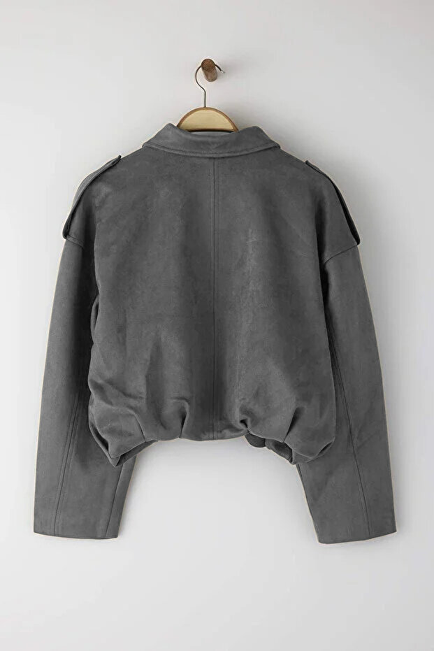 Antrasit Oversize Kalıp Süet Bomber İnce Ceket Mont TWOAW26MO00125 - 7