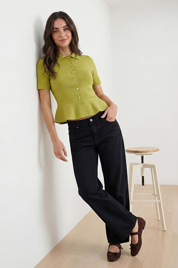 Yağ Yeşil Peplum/Belden Oturmalı Düğme Detaylı Triko Bluz TWOSS26BZ00158 - 2