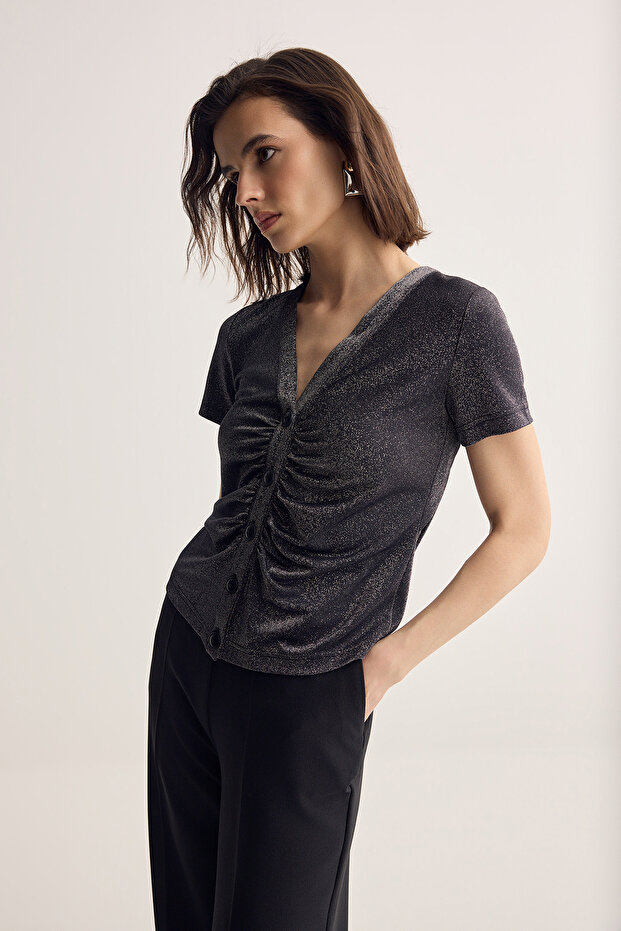 Black Backless Glittery Knitted Blouse Twoss26Bz00503