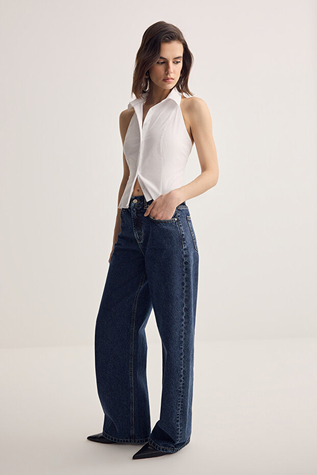 Koyu Mavi Orta Bel Baggy %100 Pamuk Jeans TWOSS26JE00220 - 3