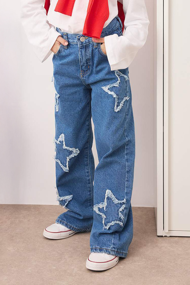 Mavi Kız Çocuk Geniş Paça Yıldız Desenli %100 Pamuk Lastikli Denim Pantolon TKDAW25PL00001 - 4