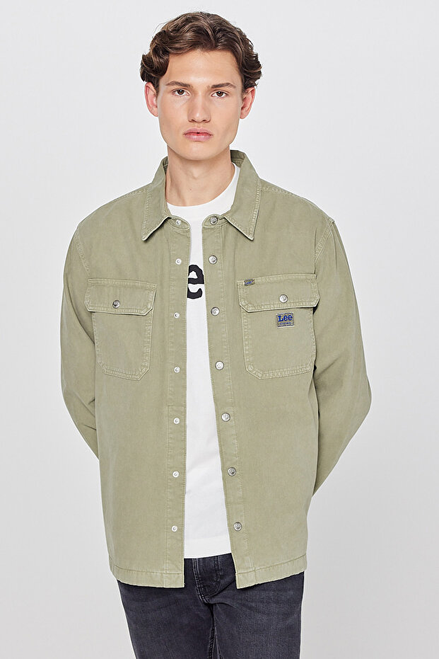 100% Cotton Relaxed Fit Wide Cut Green Shirt Jacket