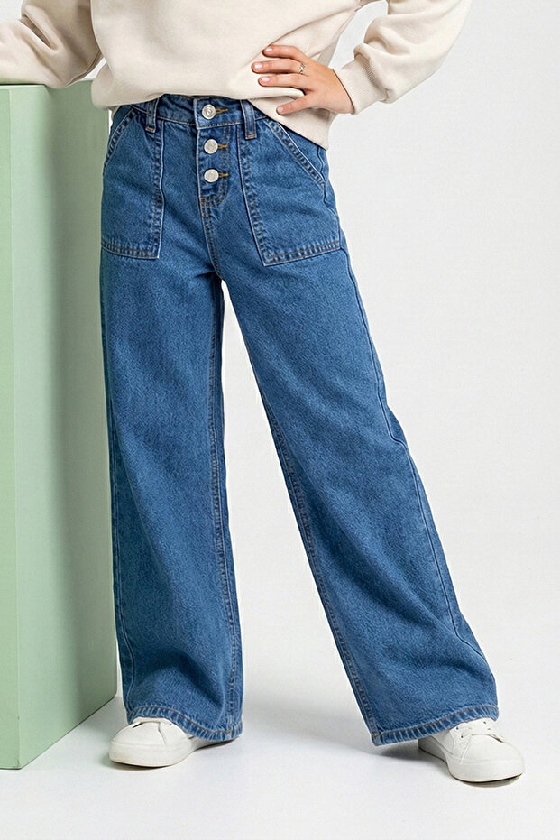 Orta Mavi-5001 Kız Çocuk Geniş Paça Cepli Pamuklu Lastikli Jean Denim Pantolon TWOAW25PL00066 - 1