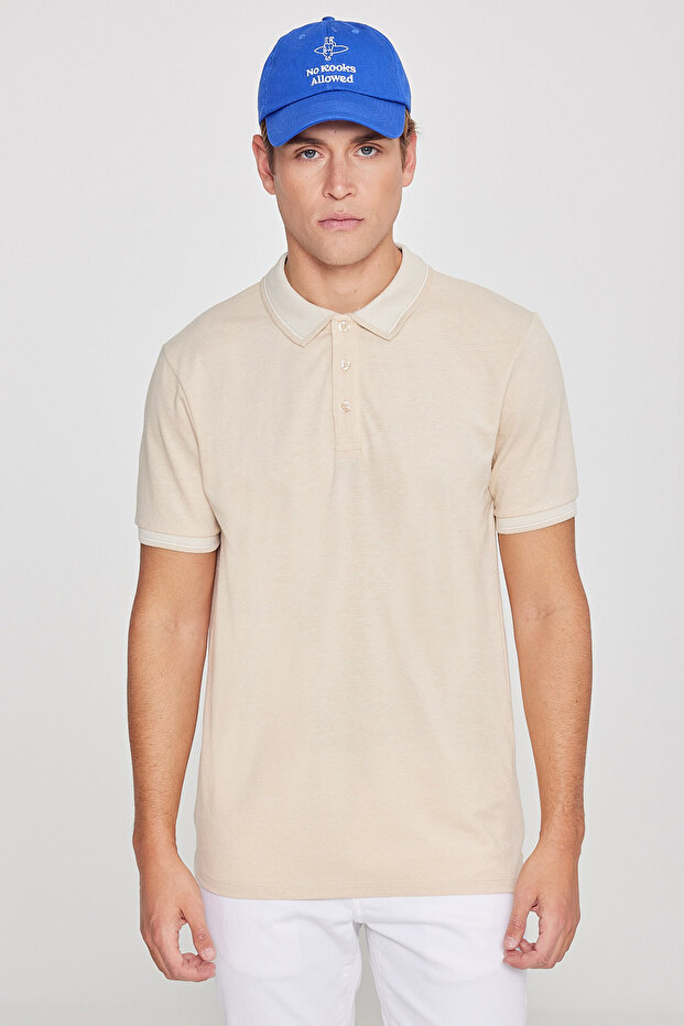 Erkek Çekmeyen Pamuklu Kumaş Slim Fit Dar Kesim Açık Bej-Beyaz Kıvrılmaz Polo Yaka Tişört - 5