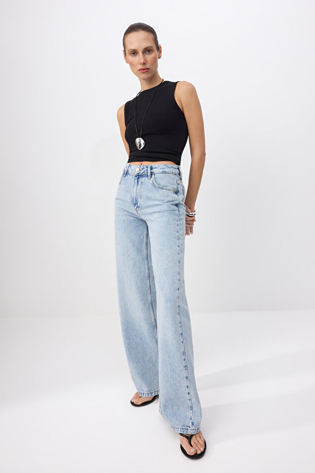 Premium Mavi Özel Kumaş Normal Bel Uzun Boy %100 Pamuk LOOSE Wide Leg Jeans TWOSS26JE00132