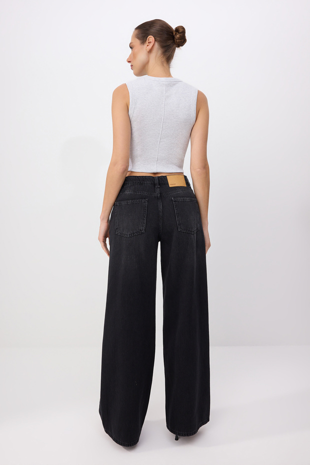 Premium Siyah More Sustainable DÖKÜMLÜ Yüksek Bel %100 Pamuk Wide Leg Jeans TWOSS26JE00136 - 6