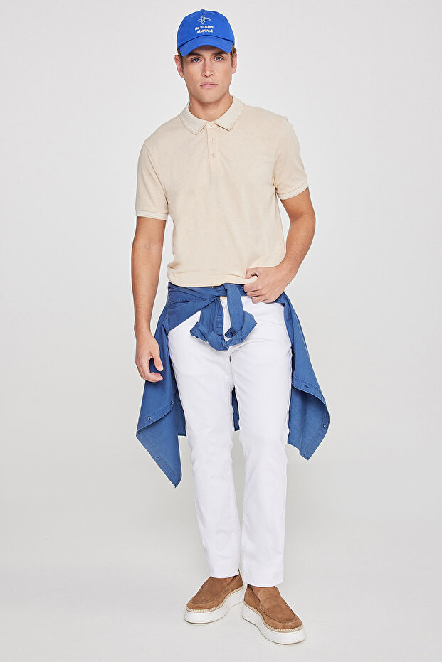 Erkek Çekmeyen Pamuklu Kumaş Slim Fit Dar Kesim Açık Bej-Beyaz Kıvrılmaz Polo Yaka Tişört - 7