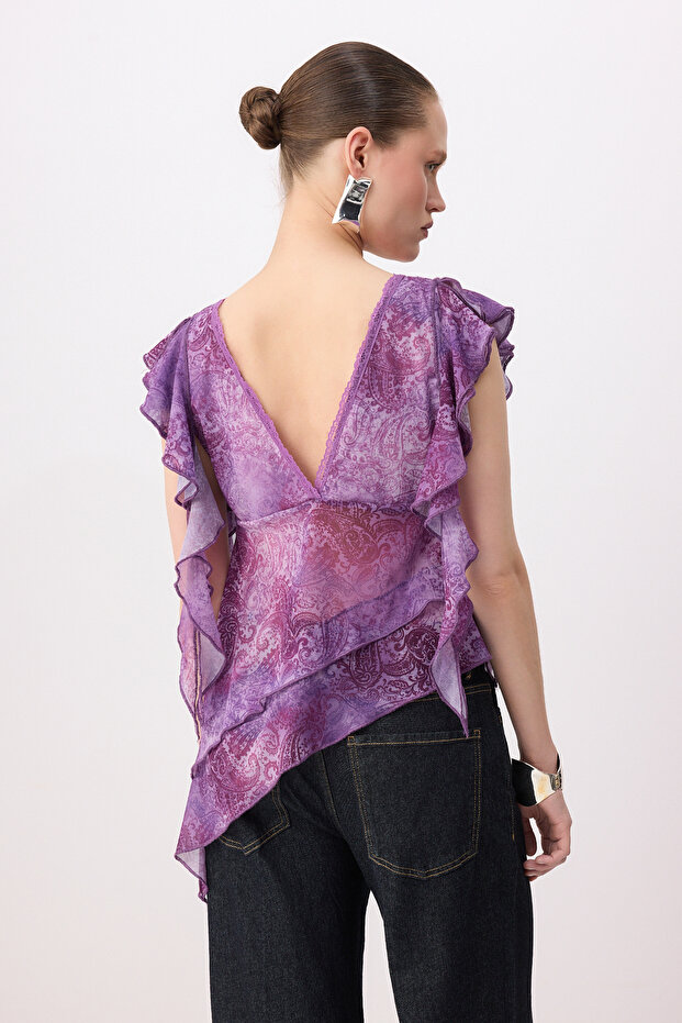 Pembe-Çok Renkli Dantel Garnili Boho Asimetrik Kesim Tül Party Bluz TPRSS26BZ00028 - 4
