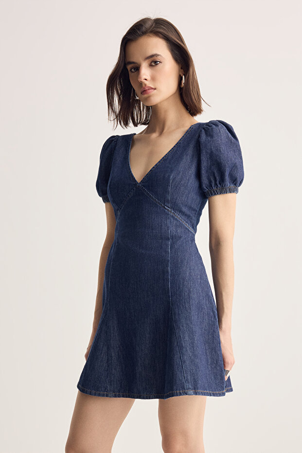 Mavi V Yaka Balon Kol Mini Denim Elbise TWOSS26EL00272 - 1