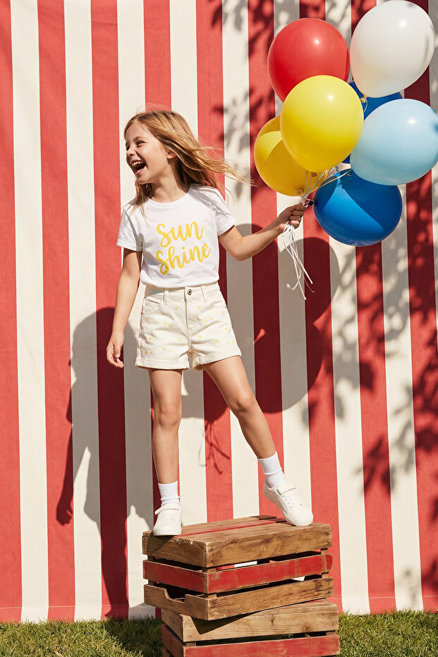Ekru Beli Lastikli Kız Çocuk Denim 23 Nisan Şort & Bermuda TKDSS26SR00011 - 1