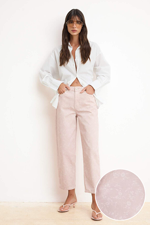 Pembe DÖKÜMLÜ Çiçek Baskılı %100 Pamuk Yüksek Bel Barrel Jeans TWOSS26JE00231 - 1