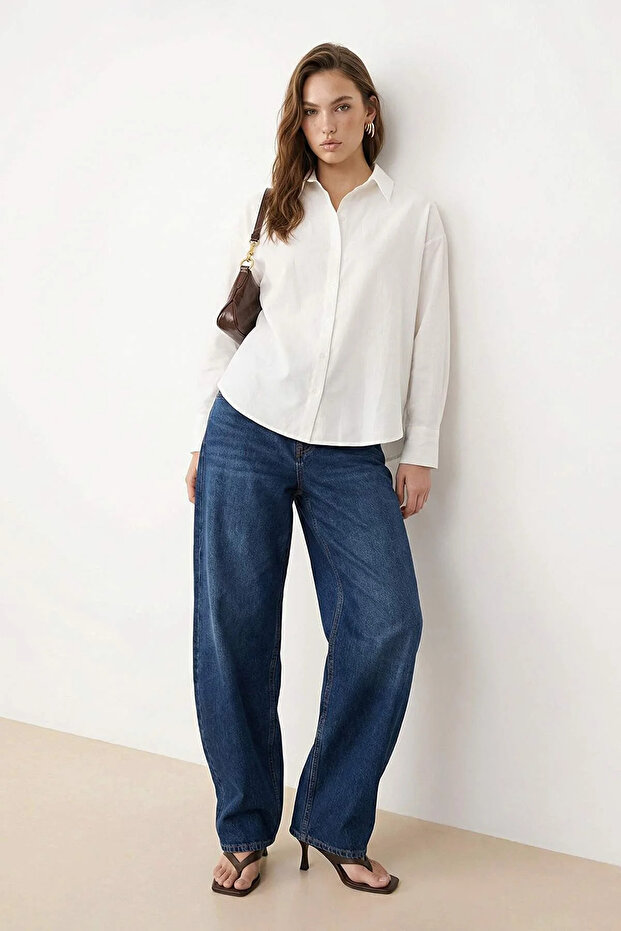 Beyaz Oxford Geniş/Oversize Kalıp Gömlek TWOAW26GO00121 - 1