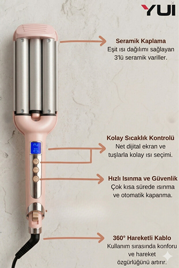 Led Göstergeli Seramik Su Dalgası(WAG) Saç Maşası Pembe - 6