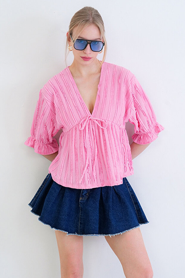 Pink V-Neck Three-Quarter Sleeve Elastic Ruffle Fabric Blouse Alc-X15414