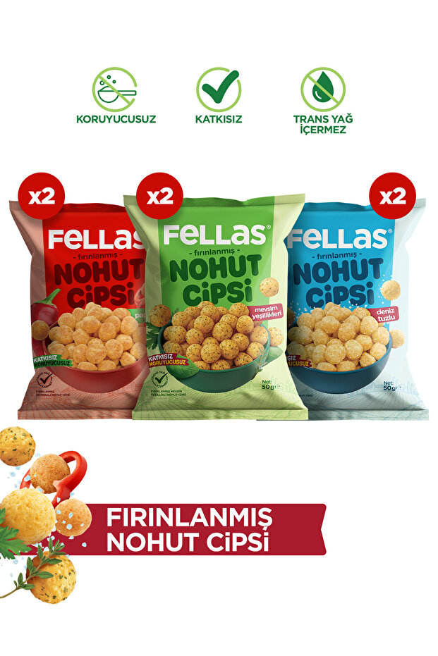 Fellas Nohut Cipsi 6'lı Mix - Mevsim Yeşillikleri (50 g) x 2 + Paprika (50 g) x 2 + Deniz Tuzlu (50 g) x 2