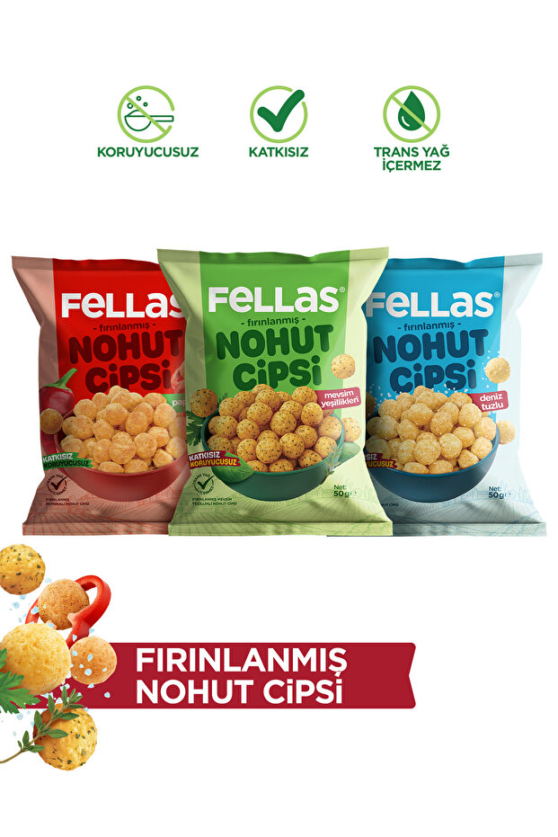 Fellas Nohut Cipsi 3'lü Mix - Mevsim Yeşillikleri (50 g) + Paprika (50 g) + Deniz Tuzlu (50 g)