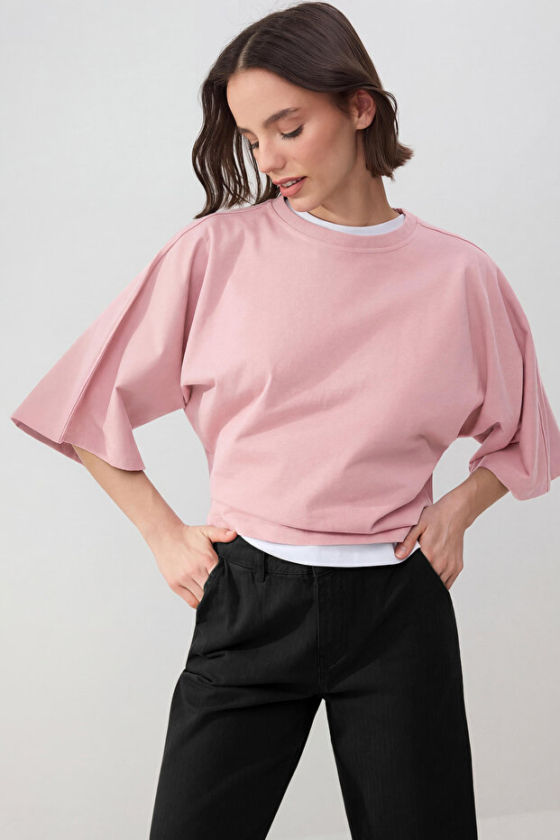 Wardrobe Essentials-Pembe Geniş Kalıp Yarasa Kol %100 Pamuk Örme T-Shirt TWOSS26TS00047 - 2
