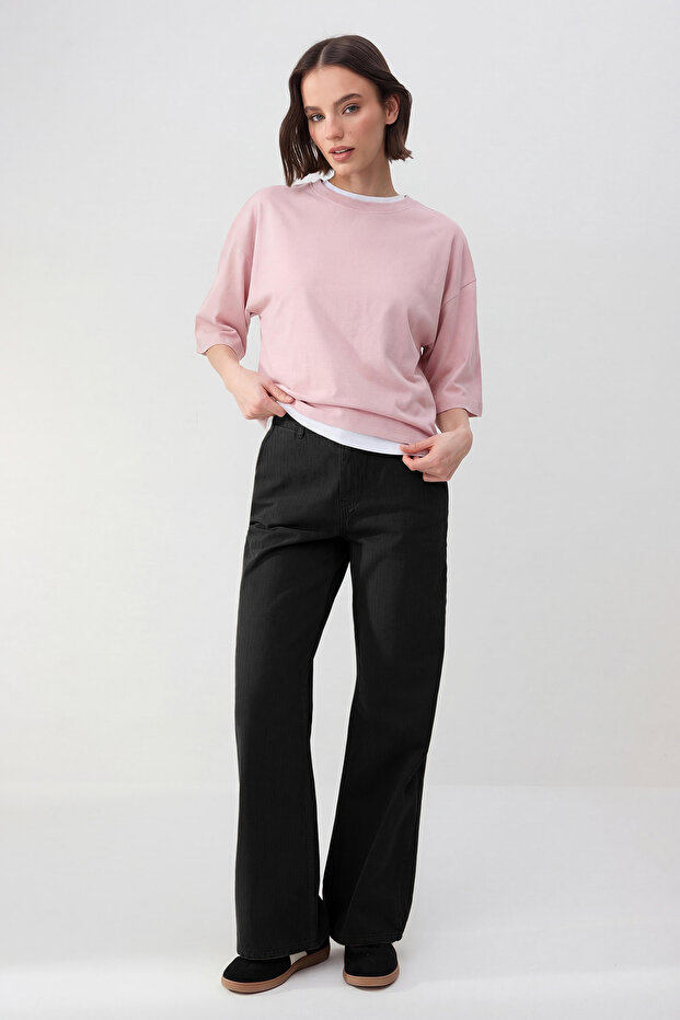 Wardrobe Essentials-Pembe Geniş Kalıp Yarasa Kol %100 Pamuk Örme T-Shirt TWOSS26TS00047 - 3