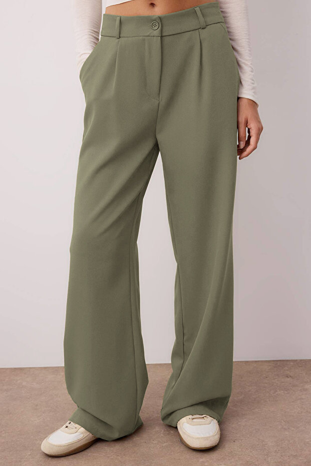Açık Haki Yüksek Bel Wide Leg/Geniş Paça Pilili Dokuma Kumaş Pantolon TWOAW21PL0076 - 4