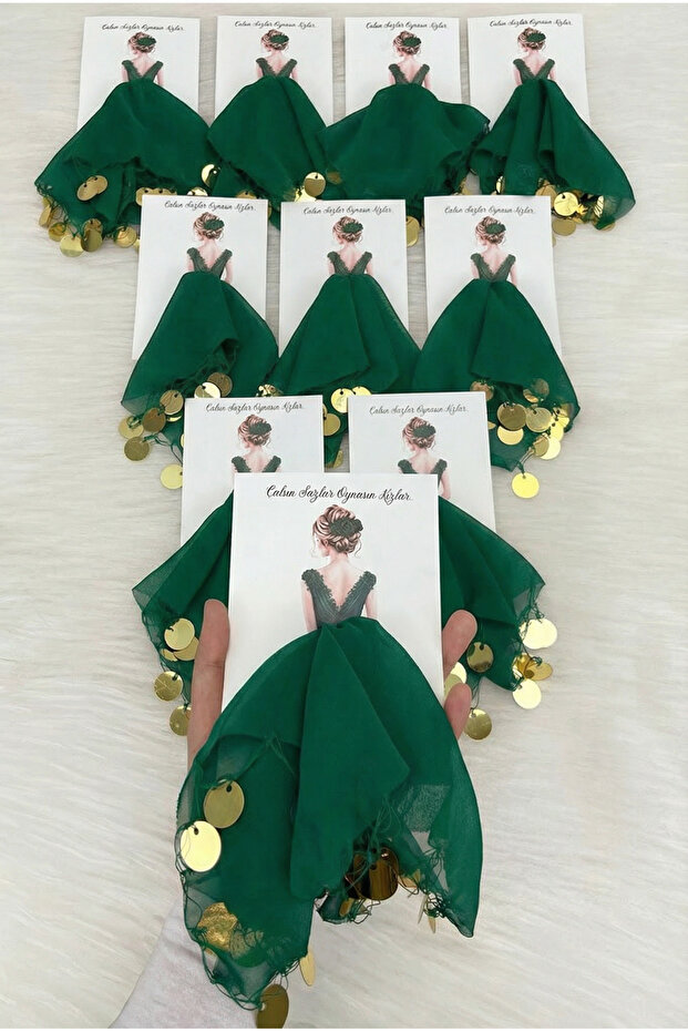 Green Gold Chiffon Card Gift Halay Handkerchief 5 Pieces, Bride Groom Wedding Henna Circumcision Engagement Bride