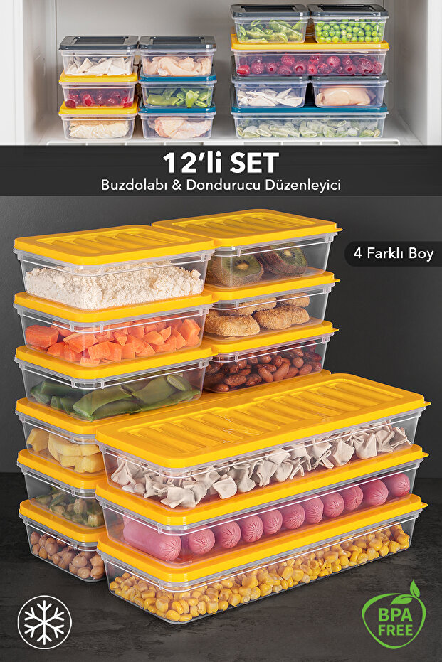 12-Piece Refrigerator Organizer Storage Container - Freezer Container Suitable for Microwave and Freezer 6X1170 6X600Ml Yellow