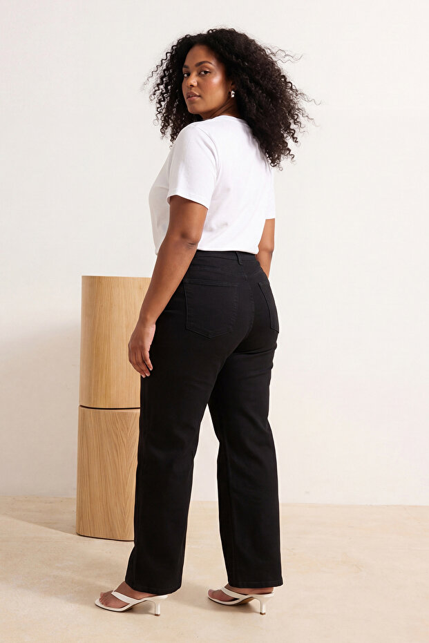 Siyah Yüksek Bel Wide Leg/Geniş Paça Comfort/Orta Esnek İnce Yazlık Büyük Beden Jeans TBBSS26CJ00002 - 3
