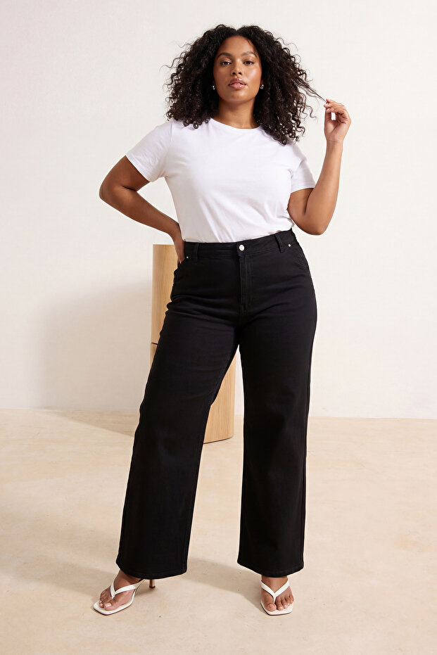 Siyah Yüksek Bel Wide Leg/Geniş Paça Comfort/Orta Esnek İnce Yazlık Büyük Beden Jeans TBBSS26CJ00002 - 2
