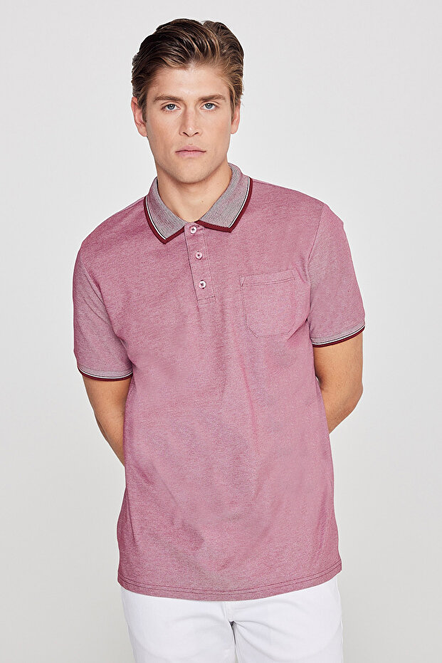 Erkek Çekmeyen Pamuklu Kumaş Regular Fit Rahat Kesim Bordo Kıvrılmaz Polo Yaka Cepli Tişört - 4