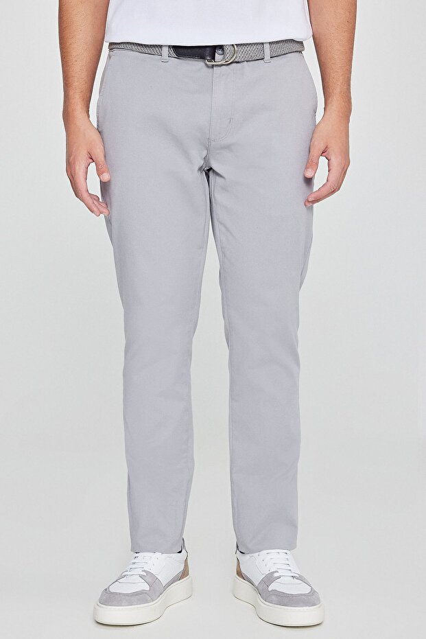 Erkek Gri Diz İzi Yapmayan Slim Fit Dar Kesim Yan Cep Pamuklu Esnek Chino Pantolon - 3