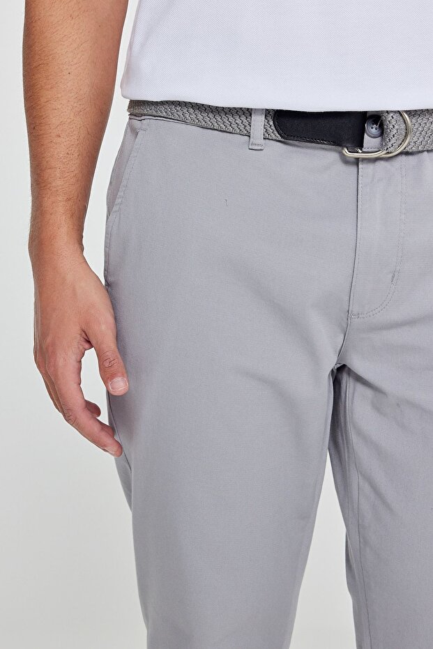 Erkek Gri Diz İzi Yapmayan Slim Fit Dar Kesim Yan Cep Pamuklu Esnek Chino Pantolon - 7